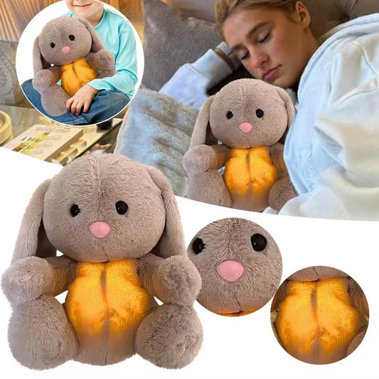 A soft, plush rabbit toy with a breathing mechanism that mimics natural respiration to soothe and comfort newborns