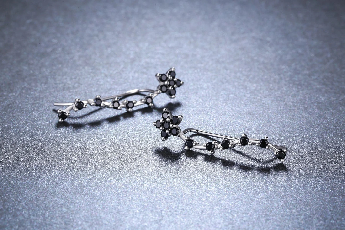 Women's long fringed zircon earrings in black with floral design
