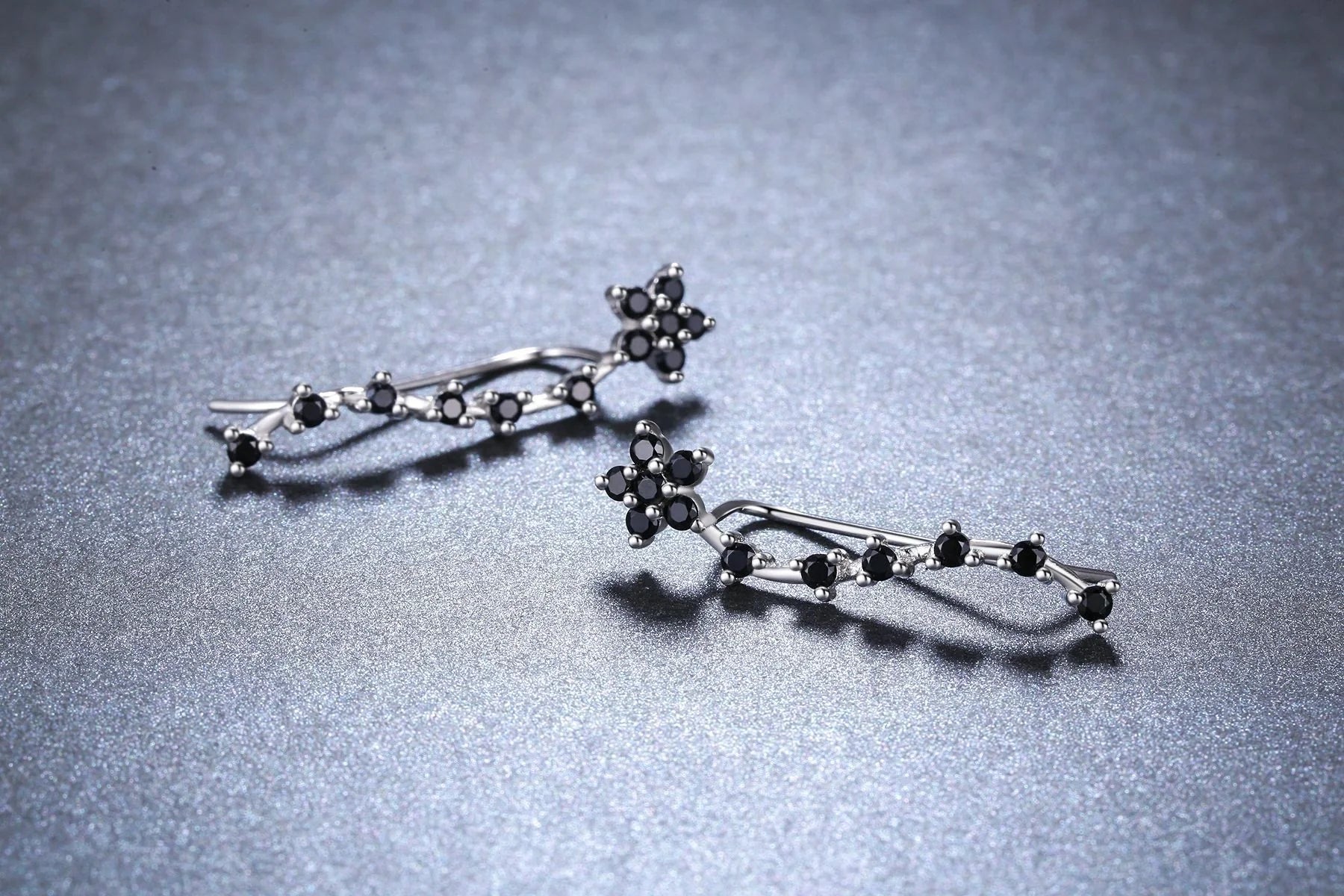 Women's long fringed zircon earrings in black with floral design