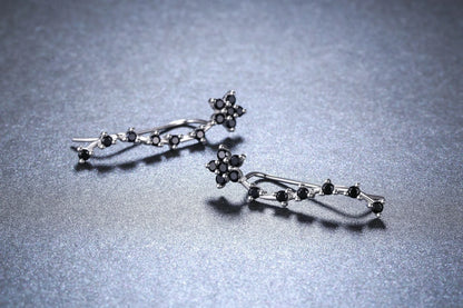 Women's long fringed zircon earrings in black with floral design