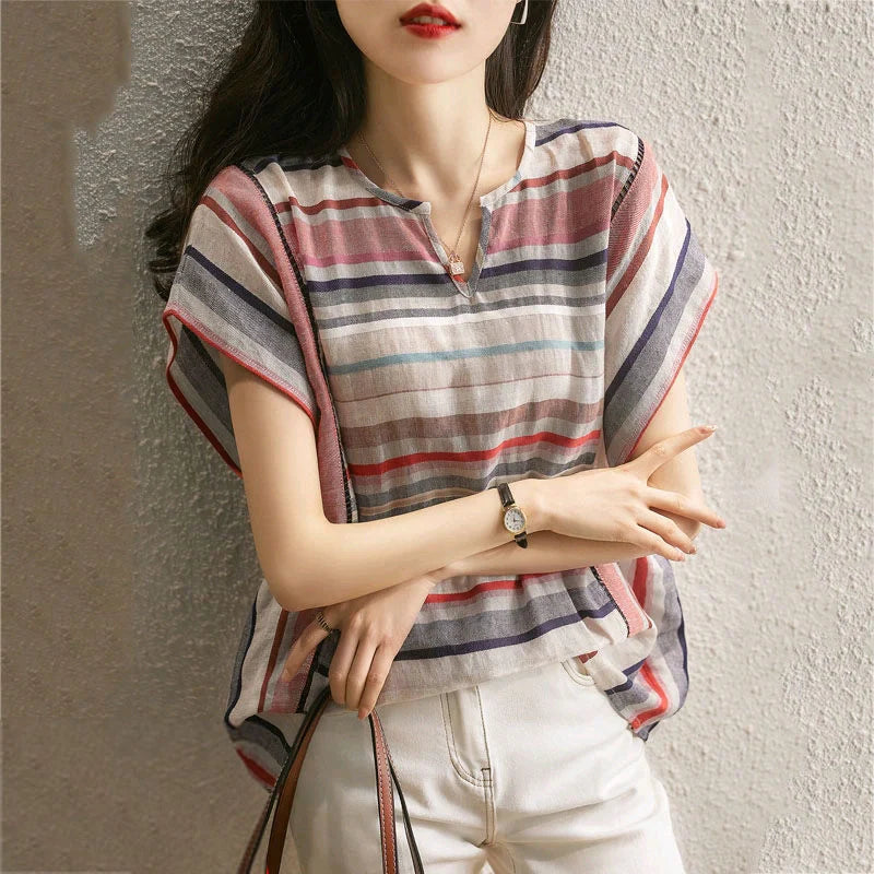 Women's striped V-neck cardigan in loose fit, available in multiple sizes
