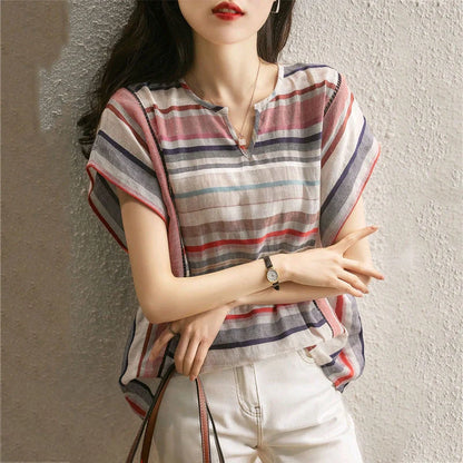 Women's striped V-neck cardigan in loose fit, available in multiple sizes