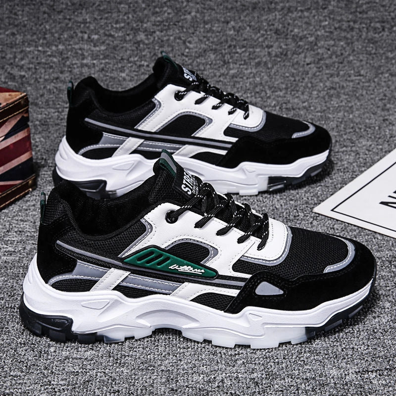 Men's black and white lace-up sneakers with breathable mesh for running