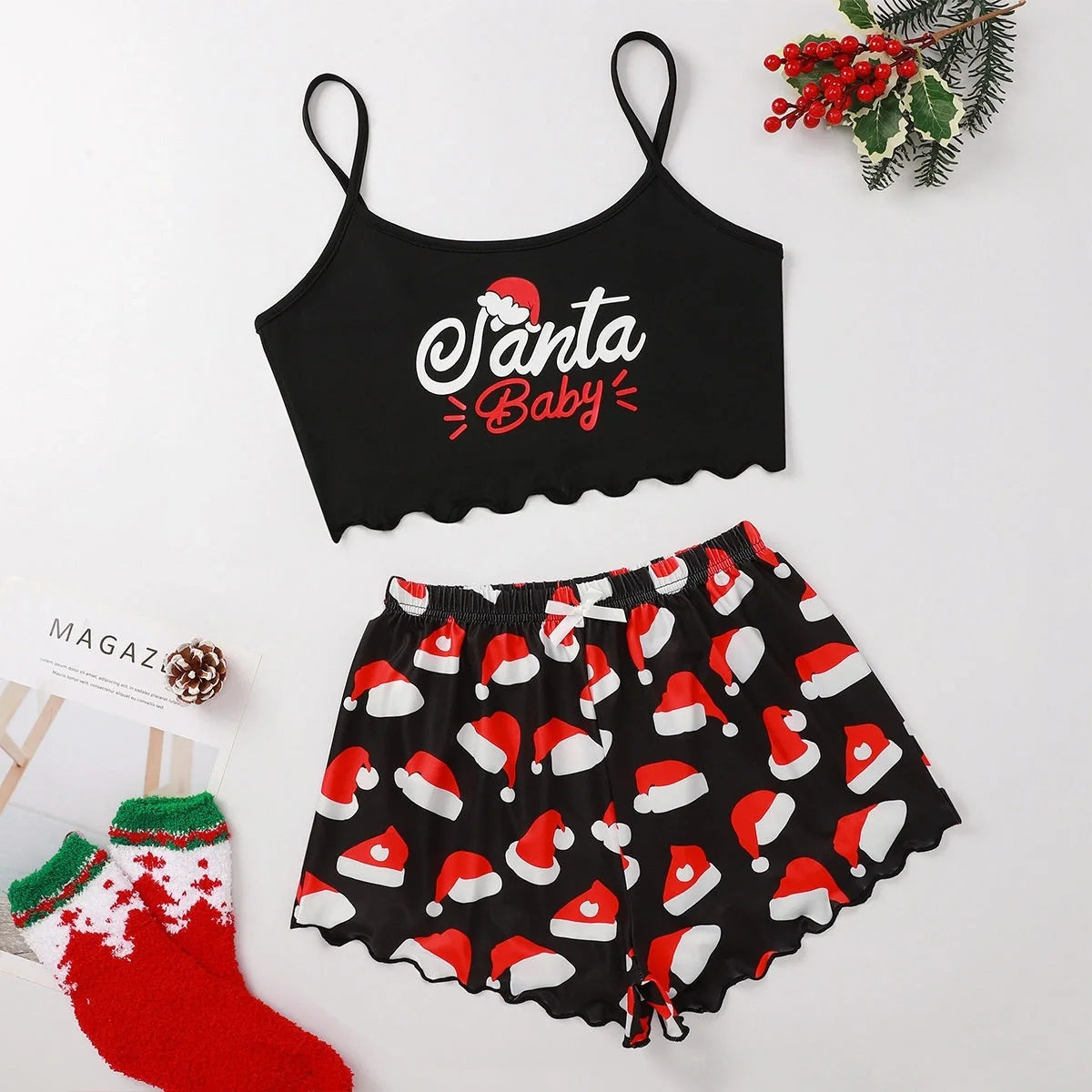 Women's Christmas-themed thin milk silk pajamas set with festive designs