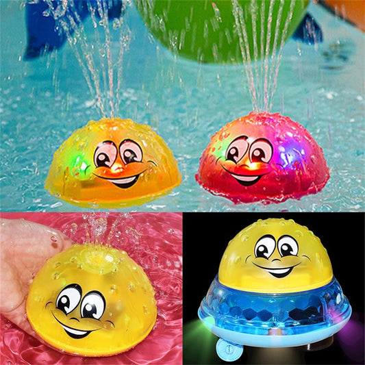 Rotating water sprinkler toy with colourful design and water spray feature for children's bath time fun