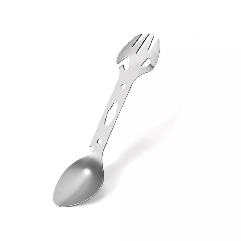 Stainless steel multifunctional fork and spoon set with bottle opener for outdoor adventures
