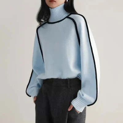 Half turtleneck knitted sweater with three-dimensional design in creamy white, floral brown, gray, and blue