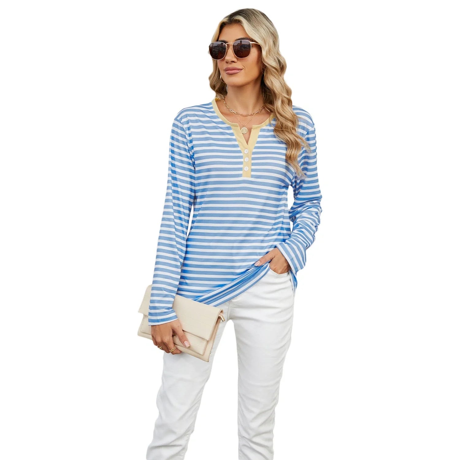 Women's V-neck striped loose long-sleeved t-shirt top in various colours