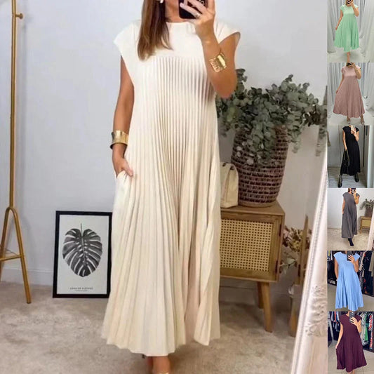 Elegant summer pleated long dress for women in various colours
