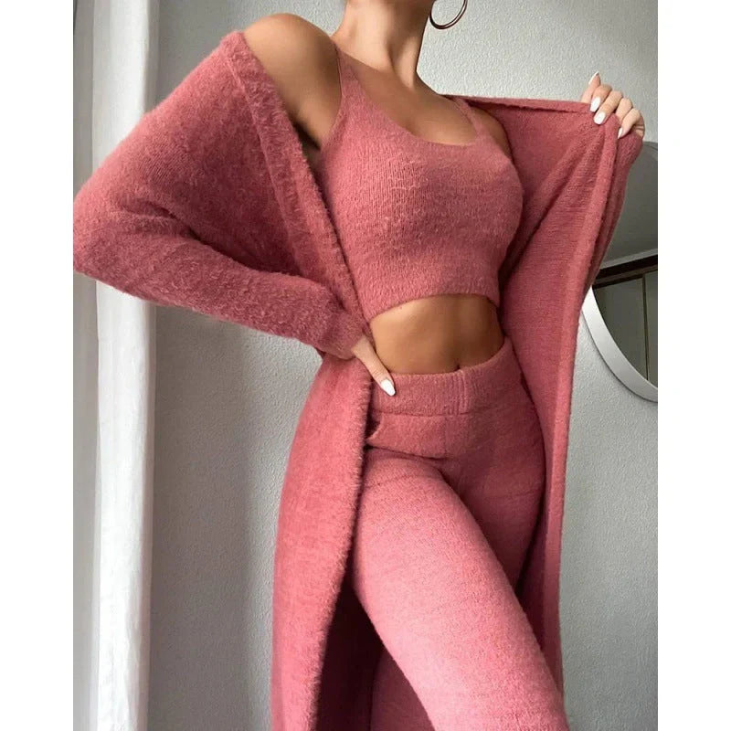 Cozy 3-Piece Lounge Set in soft, fluffy cotton-polyester blend with cropped top, wide-leg pants, and matching cardigan in various pastel colors