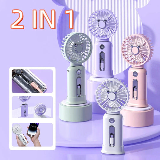 Rechargeable 2-in-1 handheld fan with power bank in various colors - a versatile cooling and charging solution for home, office, and travel