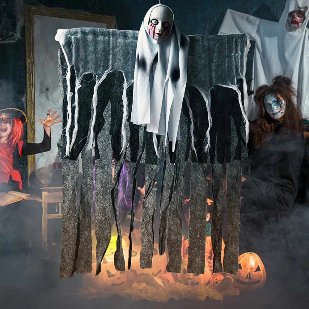 Skeleton Hanging Ghost Halloween Decoration floating eerily in the wind