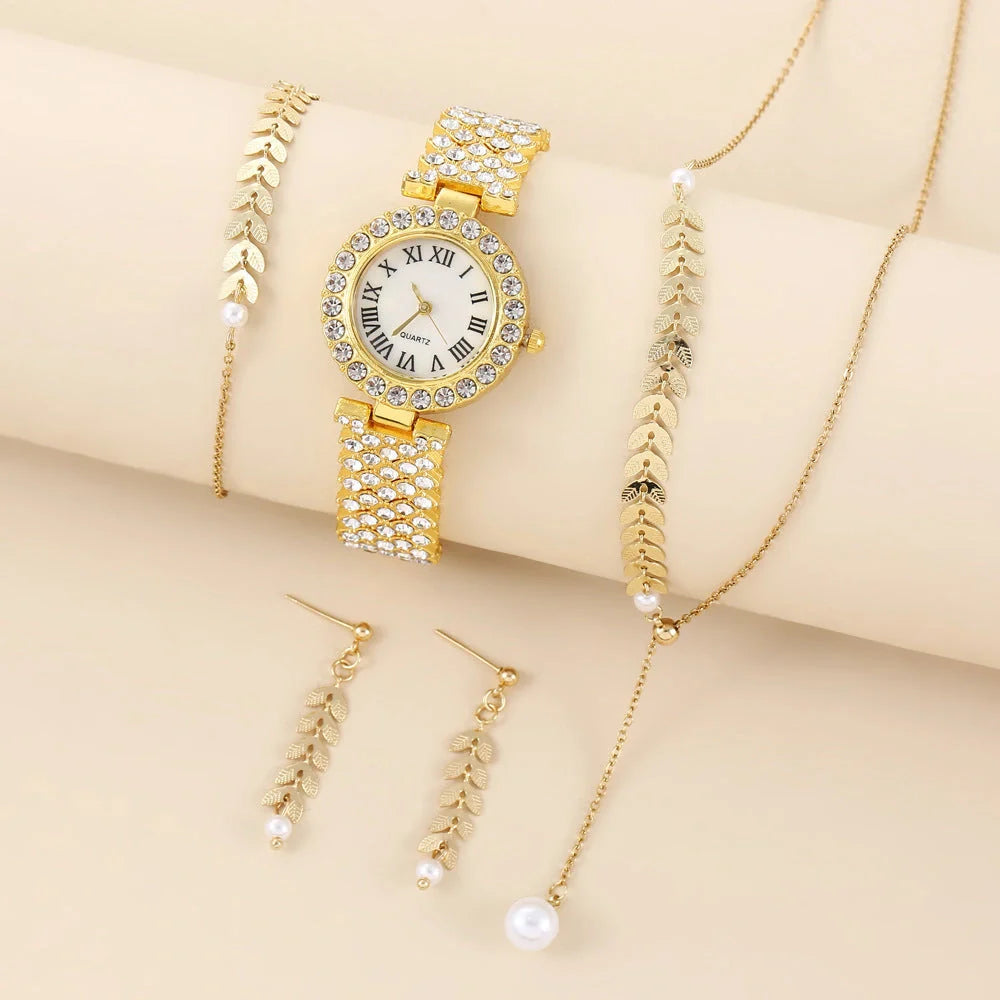 Diamond women's luxury quartz bracelet watch with rhinestone accents and complete jewellery set