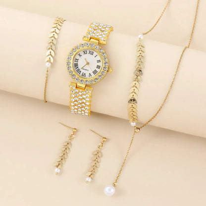 Diamond women's luxury quartz bracelet watch with rhinestone accents and complete jewellery set