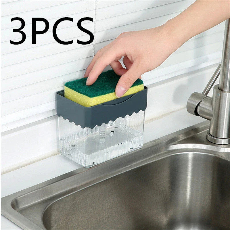 Sleek 2-in-1 soap dispenser and sponge caddy with push-button operation, modern design, and large 380ml capacity
