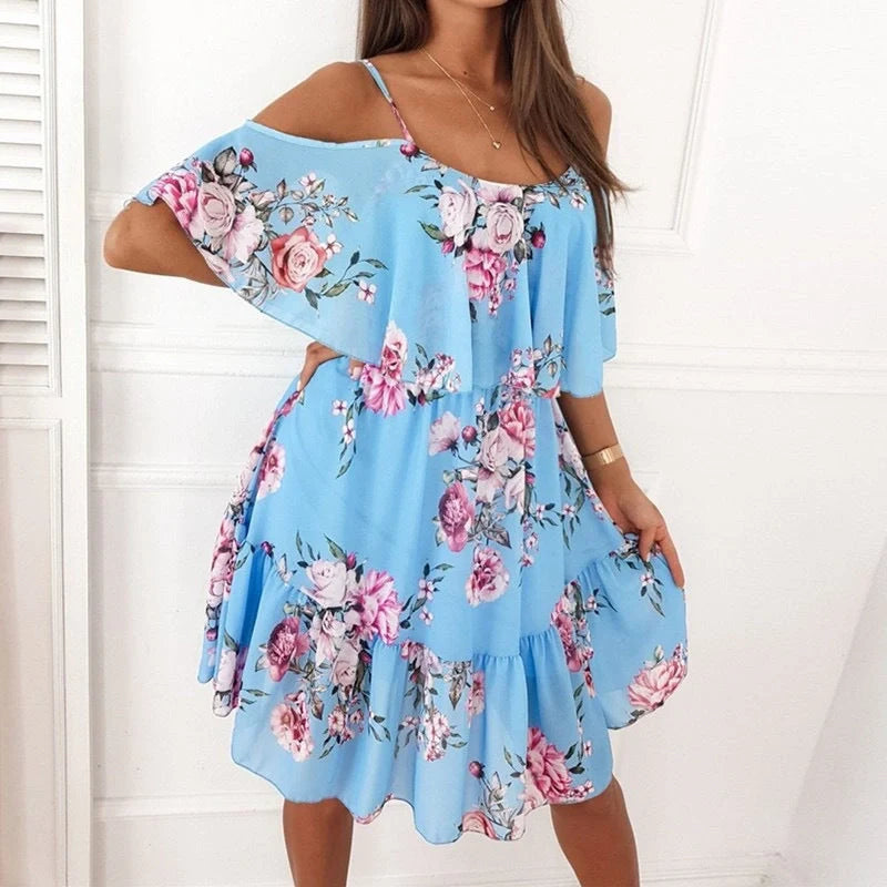 Flower printed ruffled suspender dress for women in summer