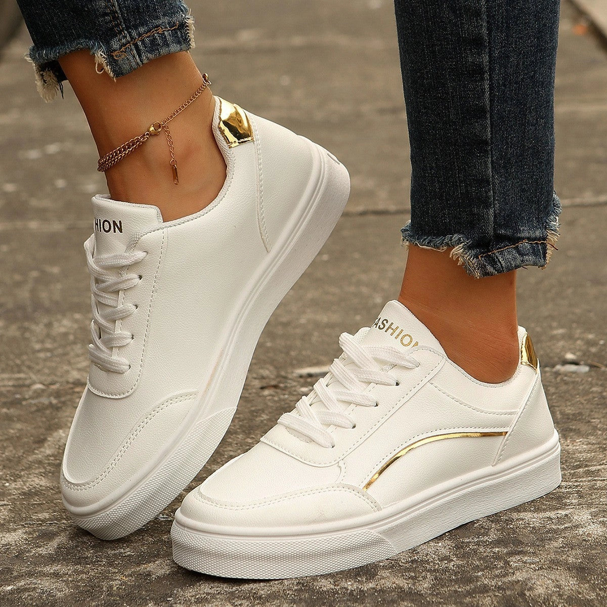 Stylish white lace-up flats for women with thick sole and round toe design