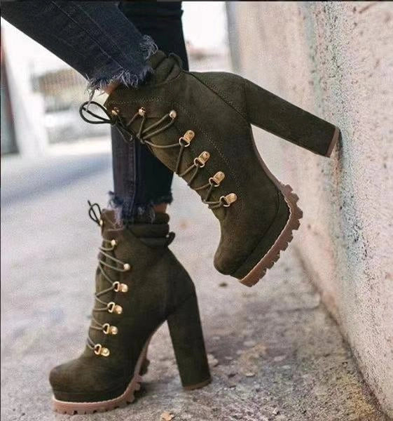 Women's round toe lace-up heeled boots in suede with 8cm high heel