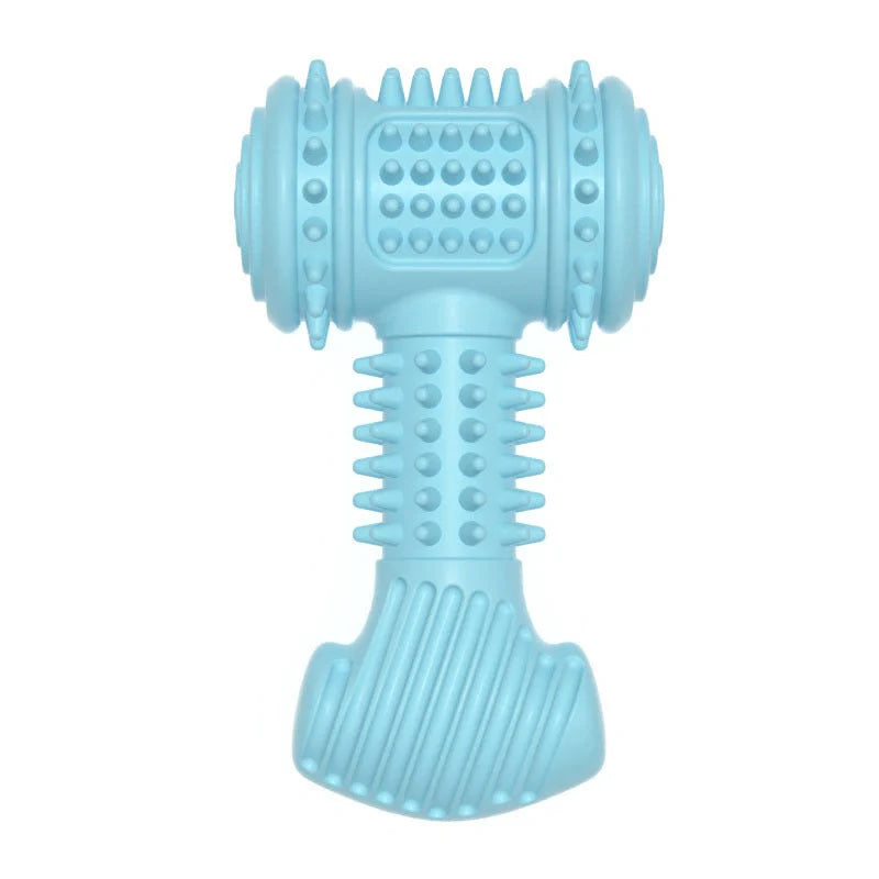 Indestructible TPR dog chew toy in blue, pink, and green for teeth cleaning and anxiety relief