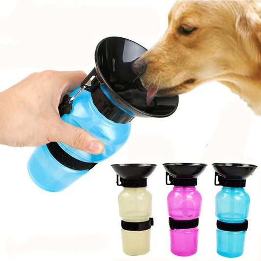 Portable pet water bottle with squeeze-feed bowl for dogs and cats
