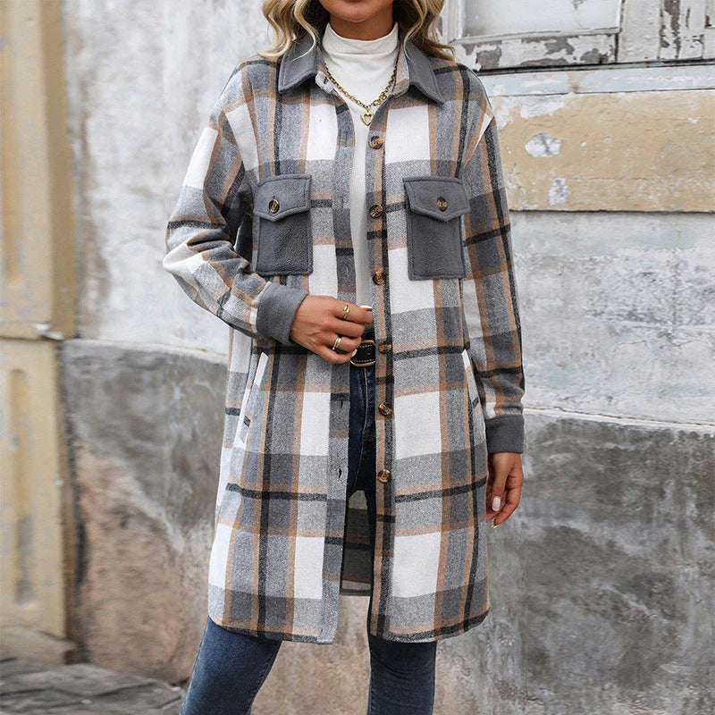 Stylish brushed plaid winter coat with pockets, available in various colors including Coffee, Grey, and Wine Red.