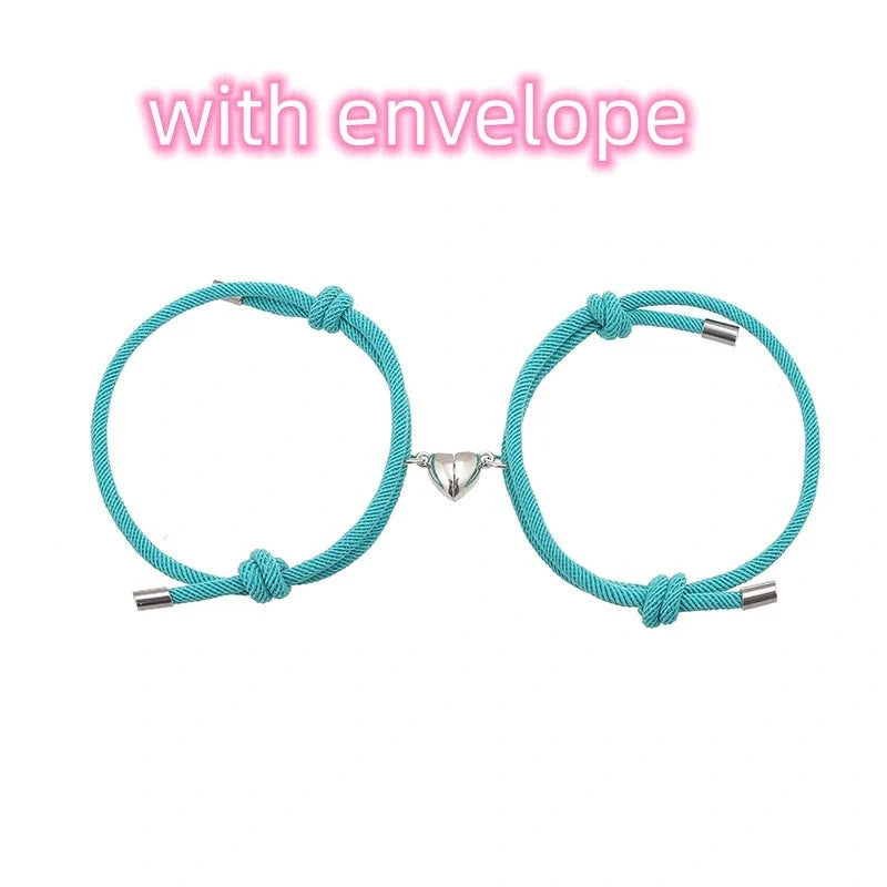 Adjustable nylon love magnetic bracelet with sticky metal heads in various colours