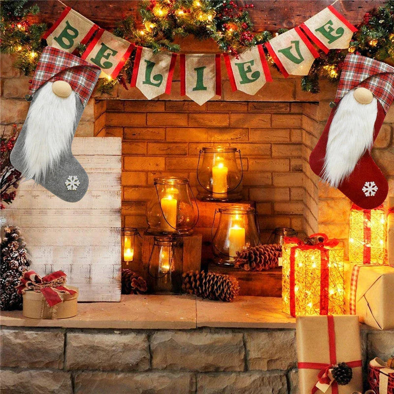 Premium Christmas stockings with plaid patterns and 3D Christmas dwarf designs, perfect for festive home decor
