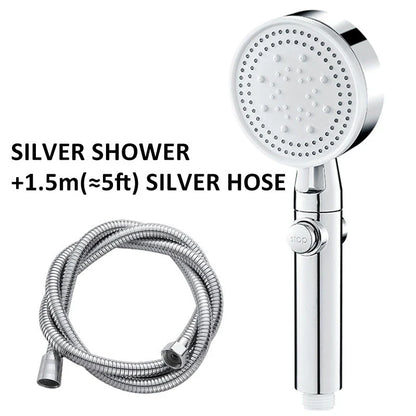 Premium high-pressure shower head with 5-speed supercharged spray patterns, large water output, and modern minimalist design