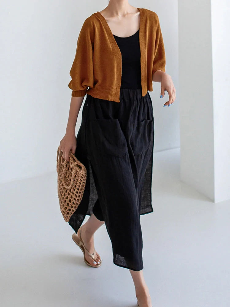 Elegant pure linen wide leg culottes with elastic waist and double pockets in summer colors