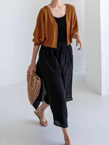 Elegant pure linen wide leg culottes with elastic waist and double pockets in summer colors