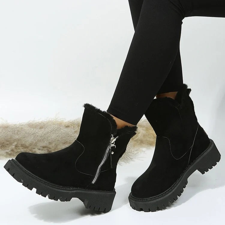 Women's foldable plush snow boots in black and khaki with round-toe design