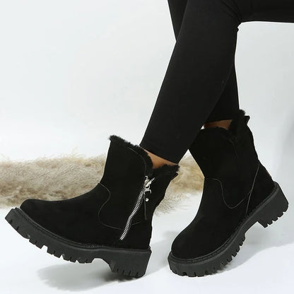 Women's foldable plush snow boots in black and khaki with round-toe design