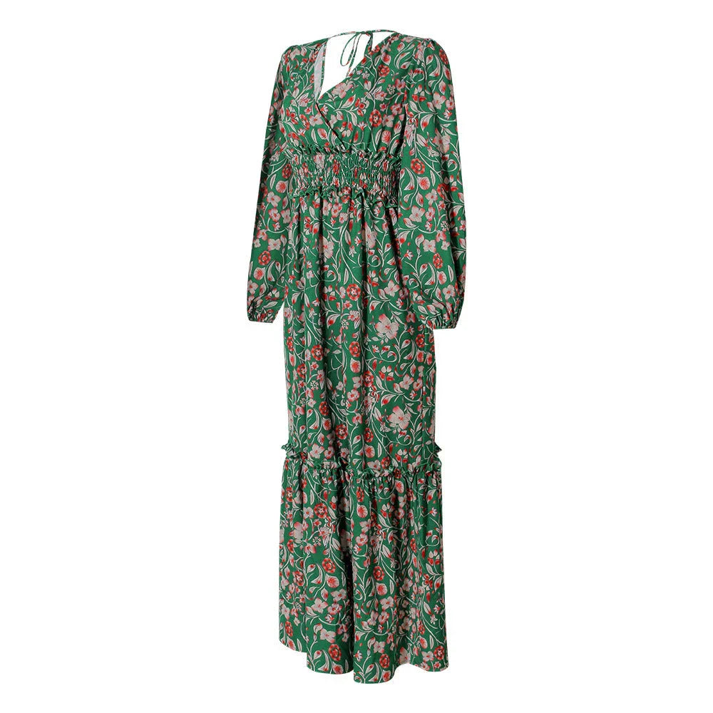 Elegant printed halter maxi dress with long sleeves in green color