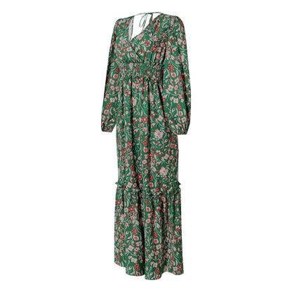 Elegant printed halter maxi dress with long sleeves in green color