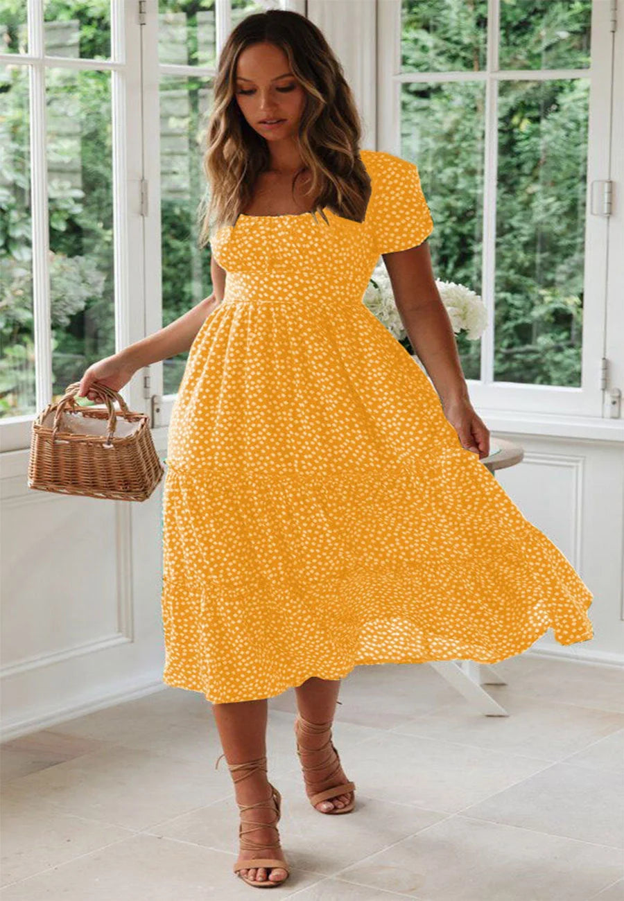 Elegant floral puff sleeve midi dress in various colours and patterns