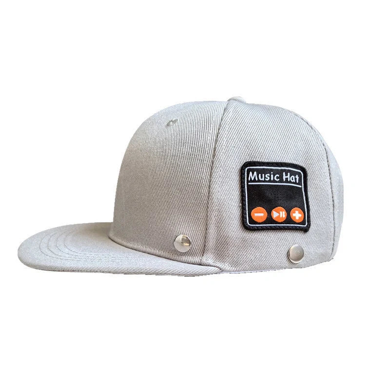 Bluetooth-compatible music hat in black and light grey with adjustable sizing
