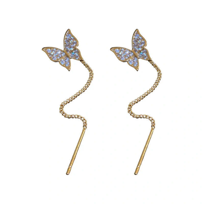 Elegant 925 Sterling Silver Butterfly Tassel Earrings with Delicate Design and Cascading Tassels
