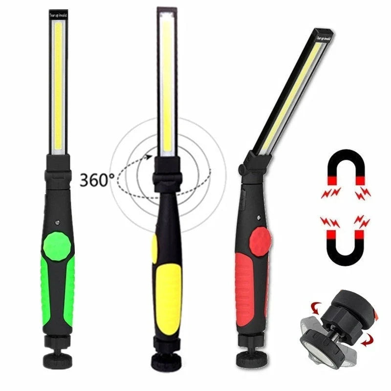 Bright Magnetic LED Worklight with adjustable light bar, 360-degree swivel base, and strong magnetic attachment for hands-free use