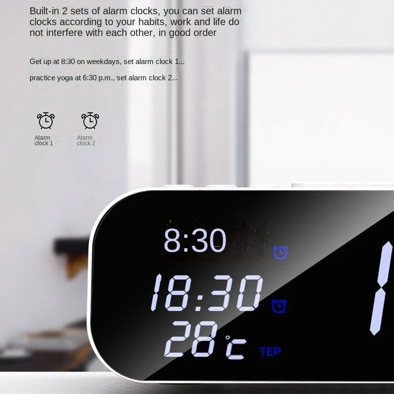 15W Three-in-one Wireless Charger with Temperature Tester and Multi Alarm Clock in black and white