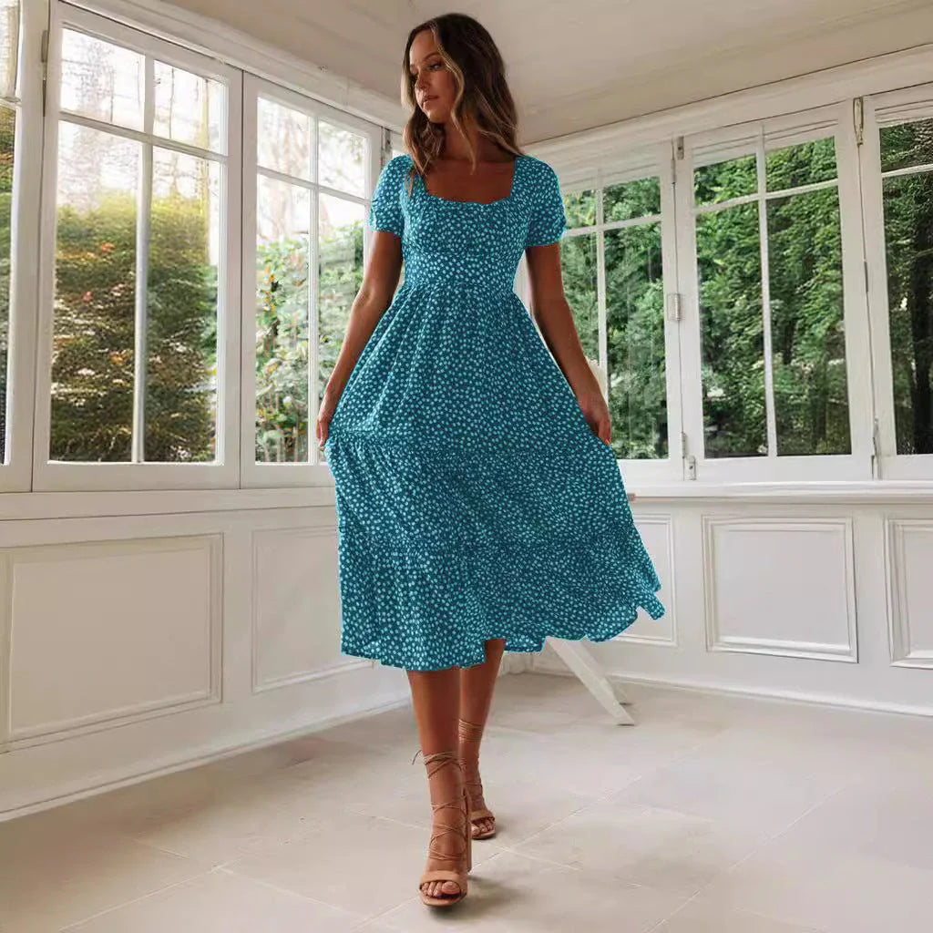 Elegant floral puff sleeve midi dress in various colours and patterns