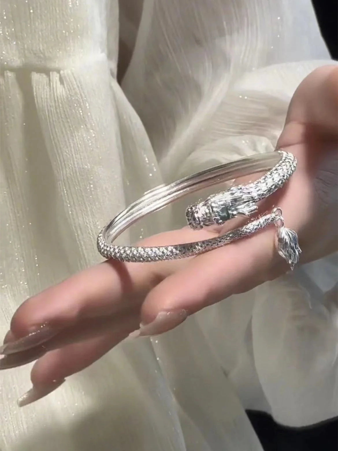 Adjustable Chinese-style dragon tail bangle bracelet with intricate dragon and phoenix decorations