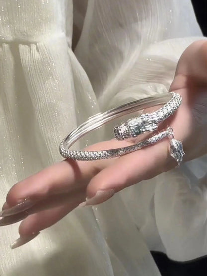 Adjustable Chinese-style dragon tail bangle bracelet with intricate dragon and phoenix decorations