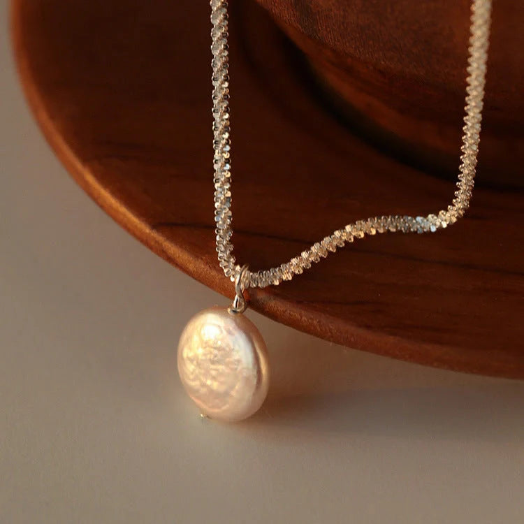 Elegant S925 Sterling Silver Baroque Pearl Necklace with starry sky chain