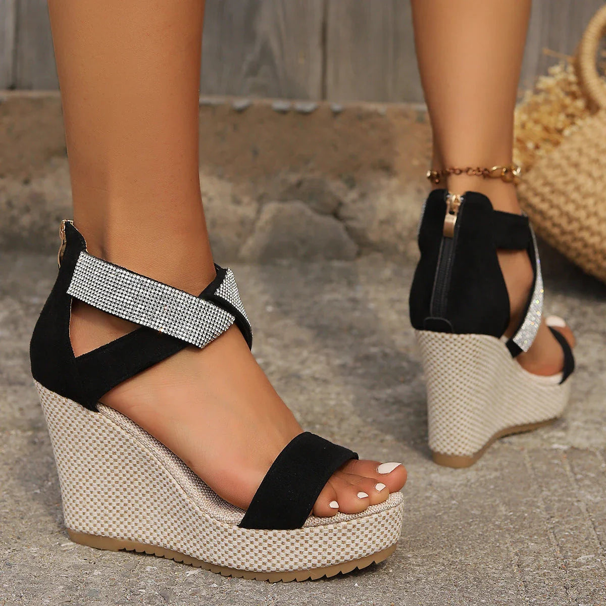 Women's fashionable wedge sandals with rhinestone embellishment and a unique fish-mouth design