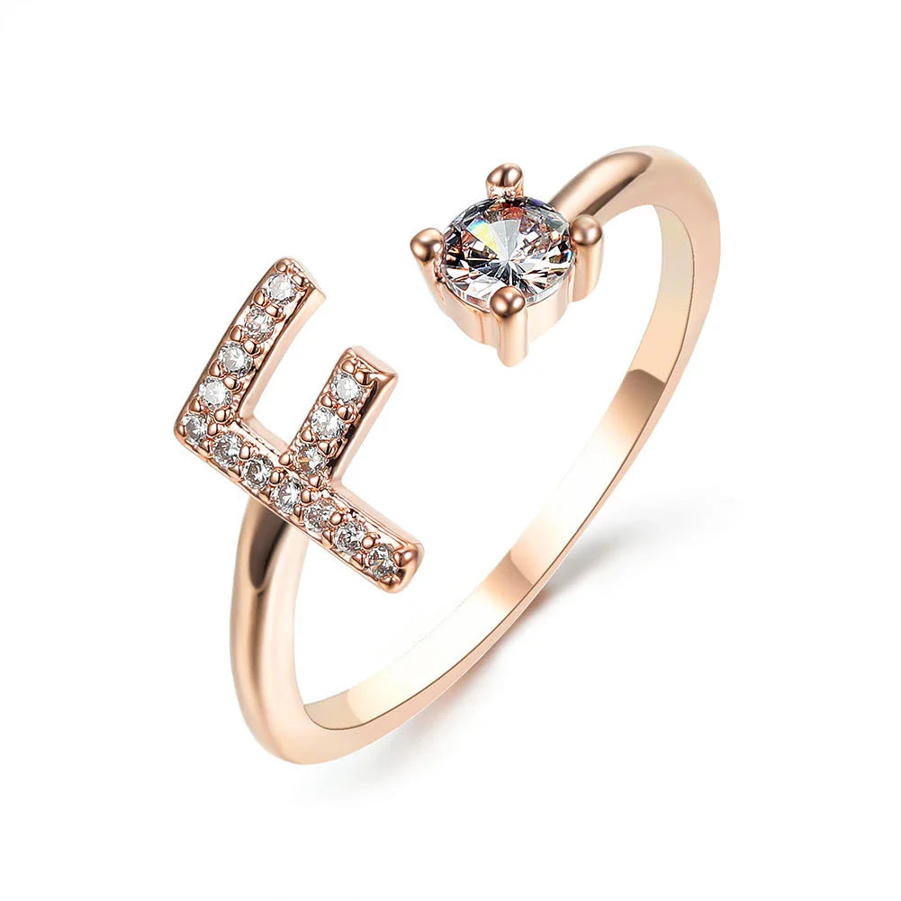 Customizable adjustable ring with 26 letters for women, featuring zircon stones and copper alloy construction