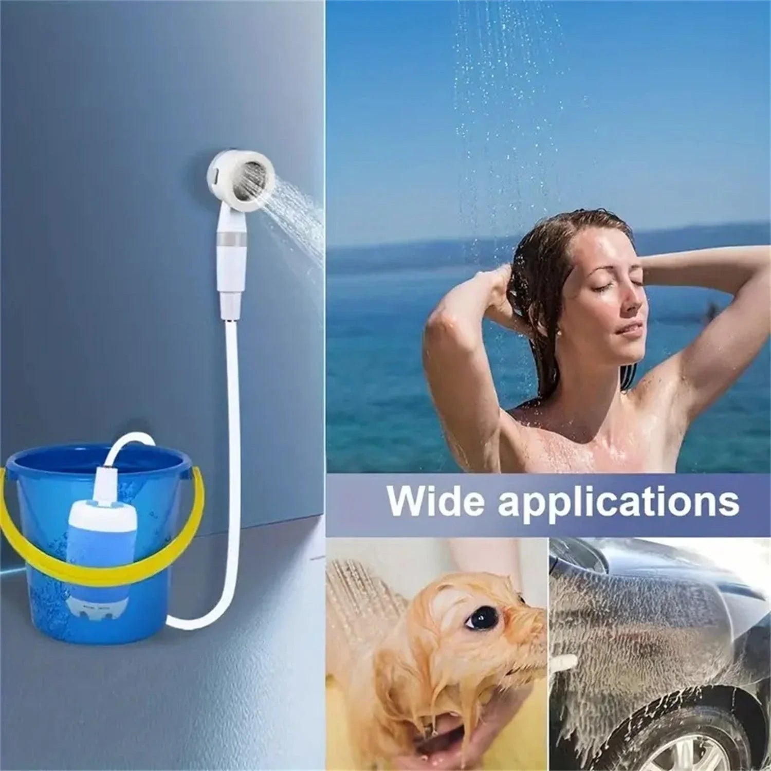 Premium portable outdoor shower with adjustable water flow and waterproof design for camping, hiking, and beach trips