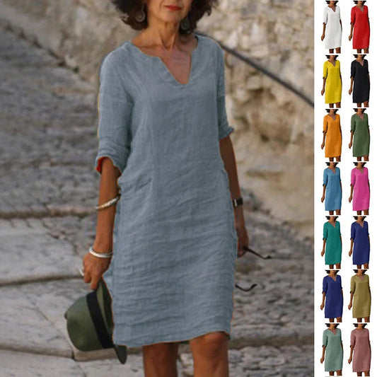 Retro high waist cotton-linen V-neck dress in various colours