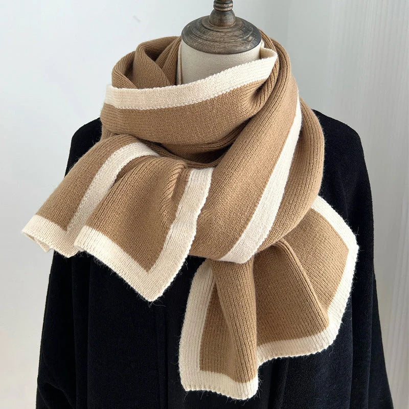 Knitted wool scarf with colourful borders, perfect for winter fashion