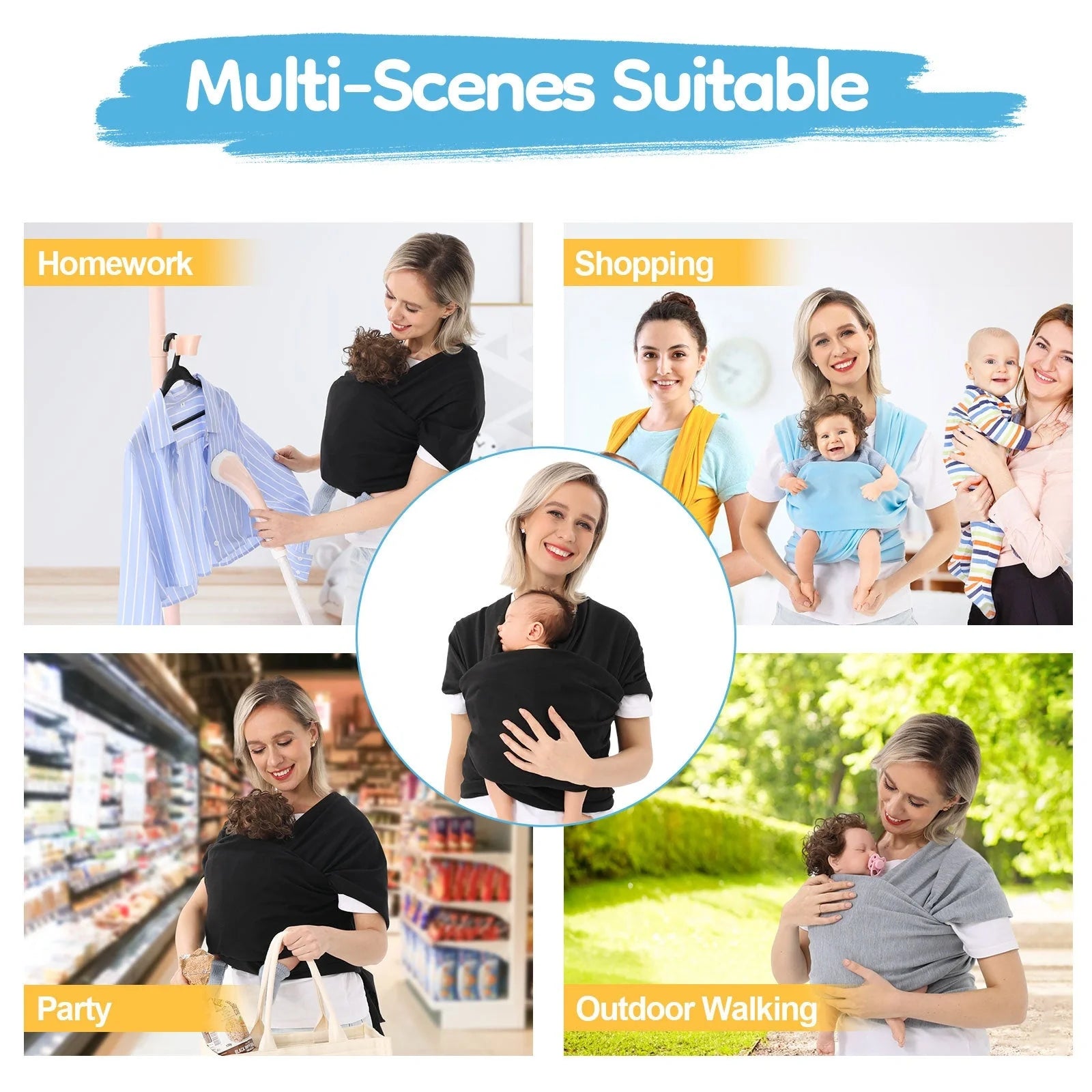 Polyester baby carrier wrap in various colors for front and back carrying