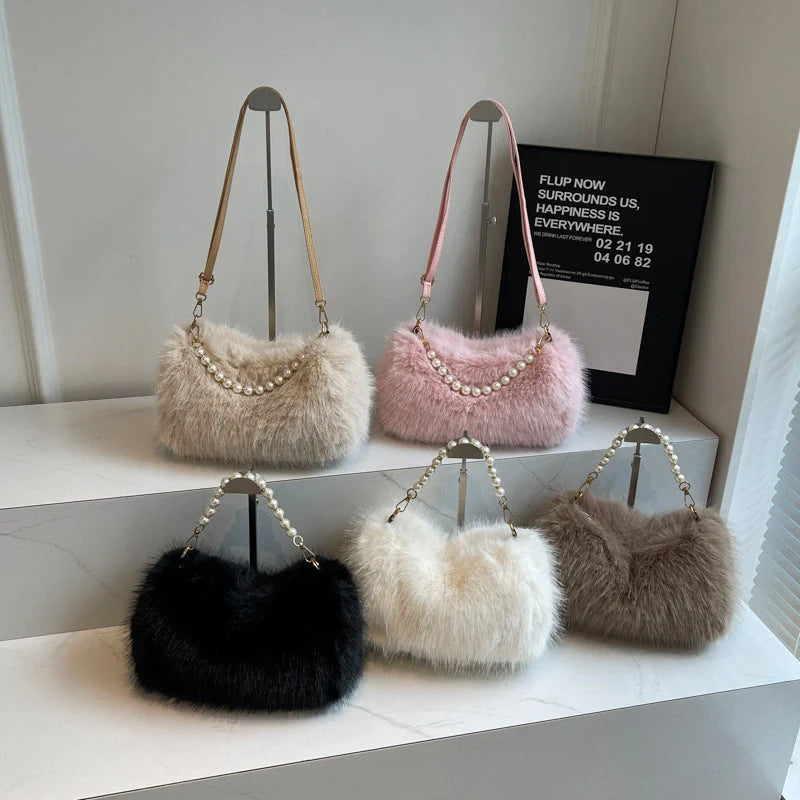 Plush pearl chain crossbody bag in various colours for autumn and winter fashion